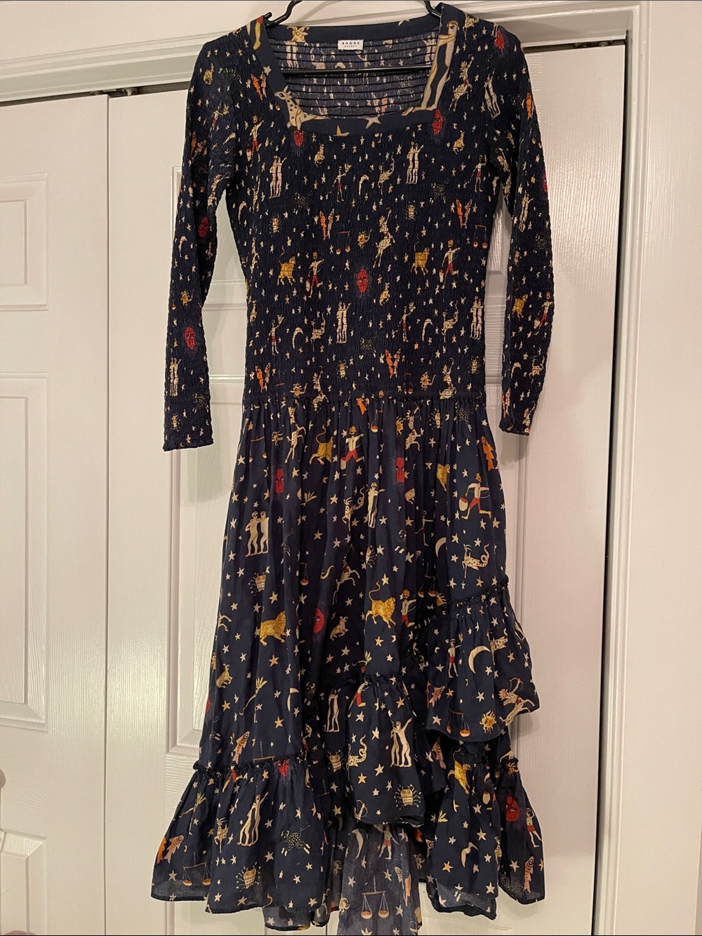 RHODE Navy Celestial Print Smocked Long Sleeve Dress